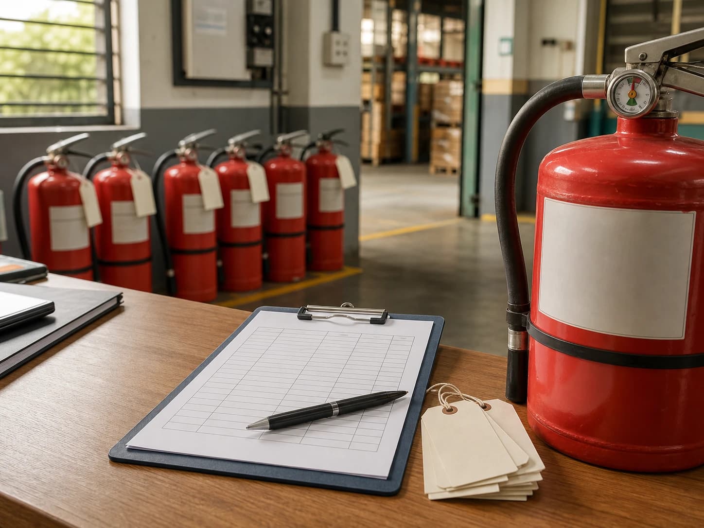 Meja kerja pemeliharaan dengan checklist per unit dan barisan APAR sebagai konteks refill