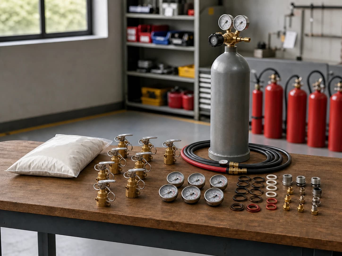 Meja perencanaan stok workshop refill APAR dengan tabung nitrogen, regulator, hose, valve, pressure gauge, seal, dan kantong media