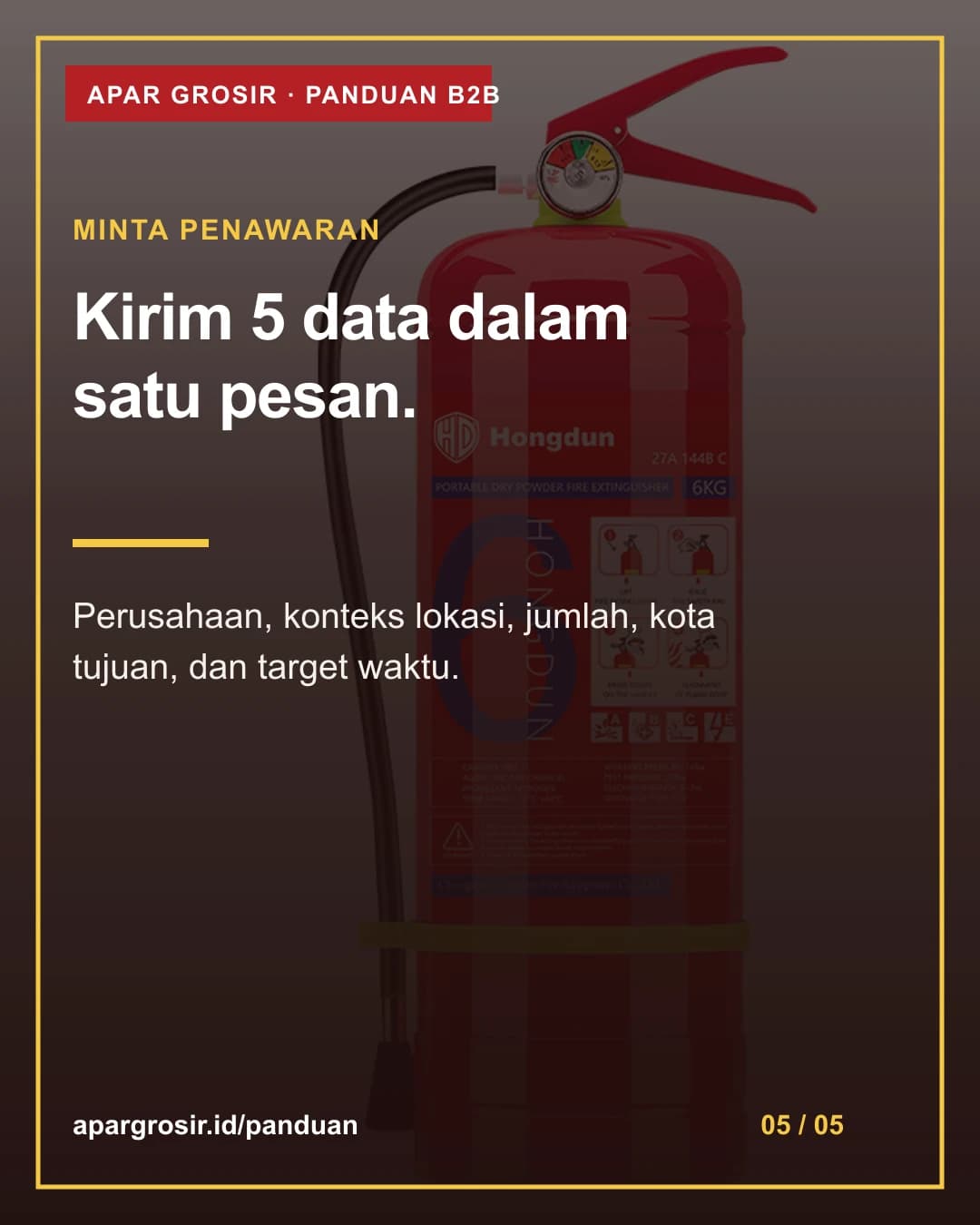 Kirim 5 data dalam satu pesan. Perusahaan, konteks lokasi, jumlah, kota tujuan, dan target waktu.