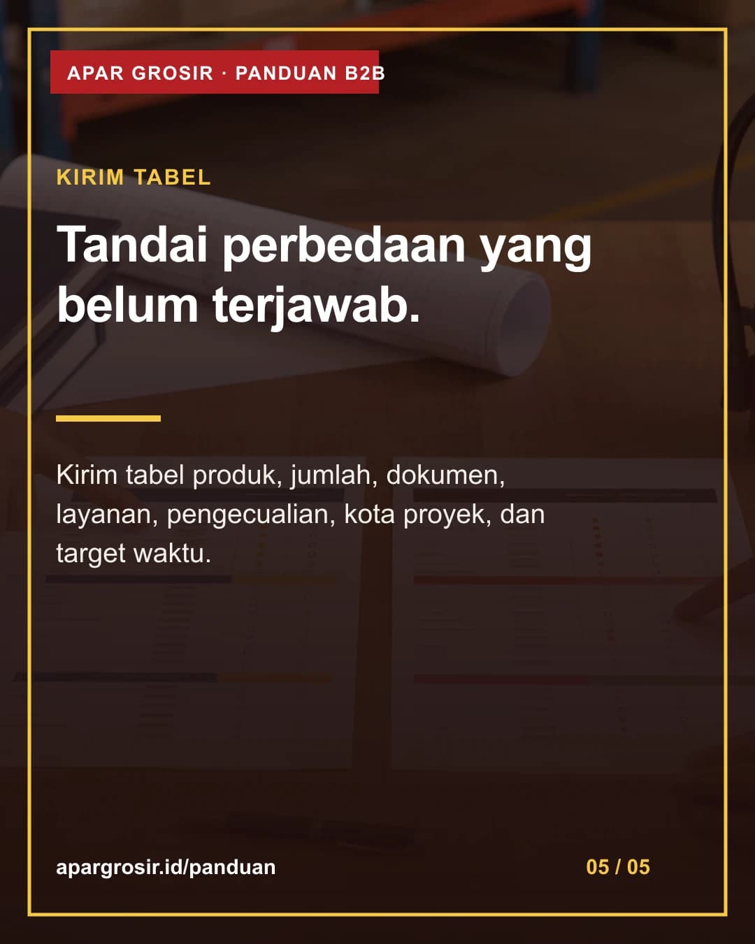 Tandai perbedaan yang belum terjawab. Kirim tabel produk, jumlah, dokumen, layanan, pengecualian, kota proyek, dan target waktu.