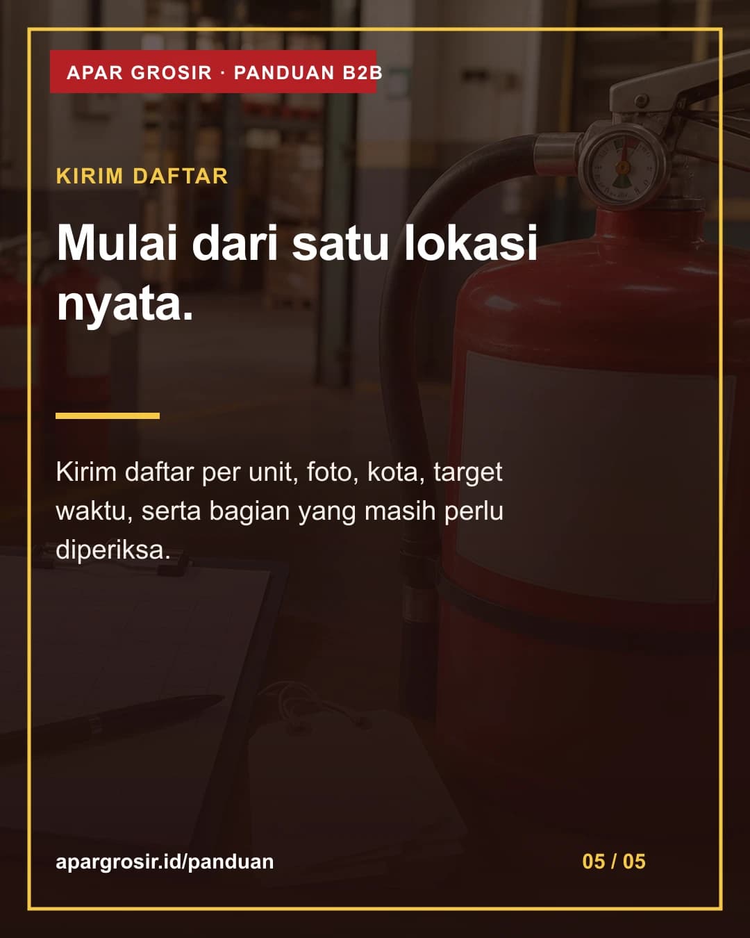Mulai dari satu lokasi nyata. Kirim daftar per unit, foto, kota, target waktu, serta bagian yang masih perlu diperiksa.
