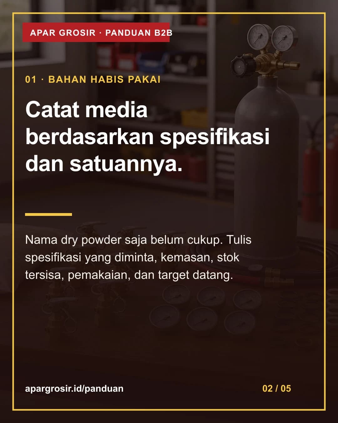 Catat media berdasarkan spesifikasi dan satuannya. Nama dry powder saja belum cukup. Tulis spesifikasi yang diminta, kemasan, stok tersisa, pemakaian, dan target datang.