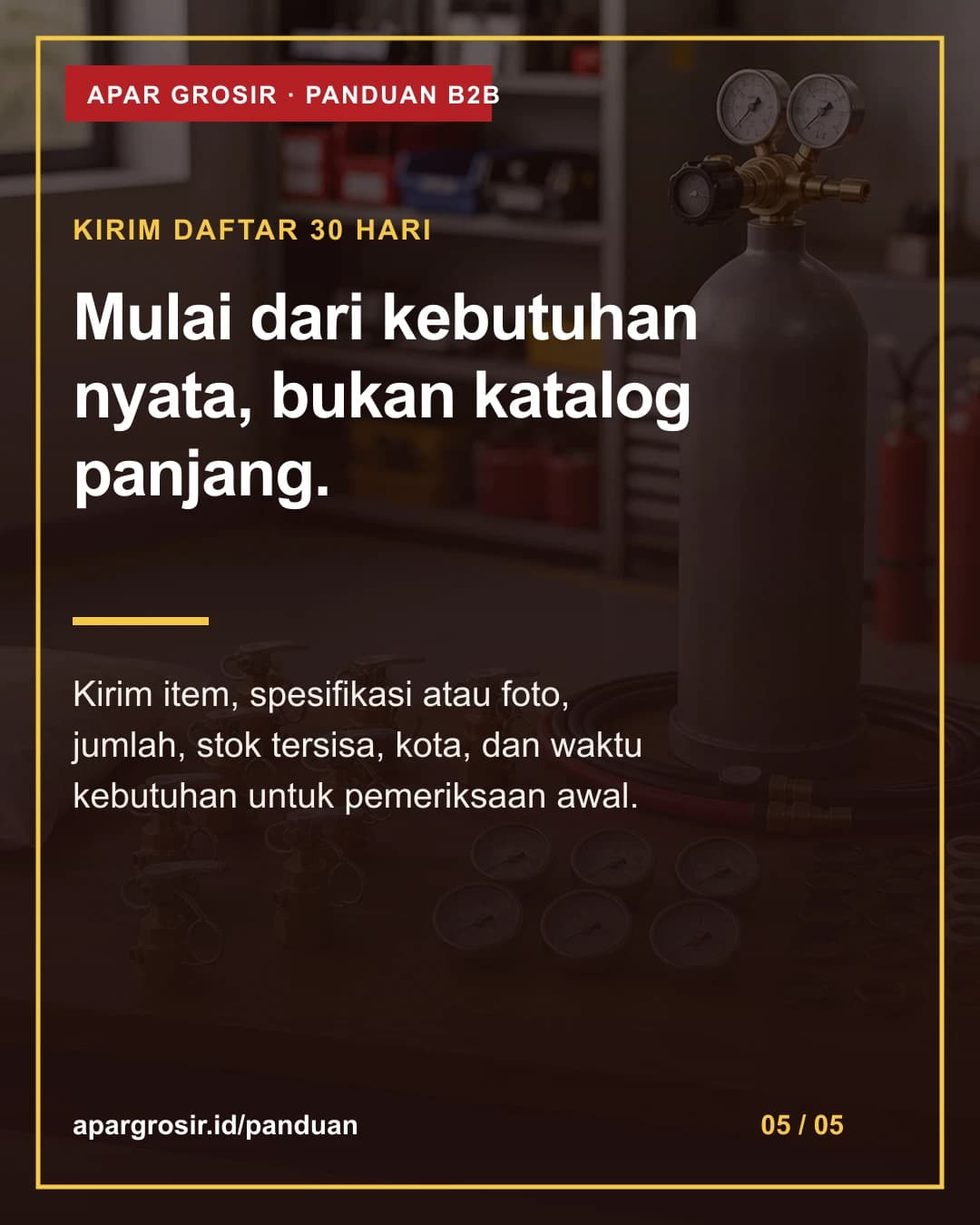Mulai dari kebutuhan nyata, bukan katalog panjang. Kirim item, spesifikasi atau foto, jumlah, stok tersisa, kota, dan waktu kebutuhan untuk pemeriksaan awal.