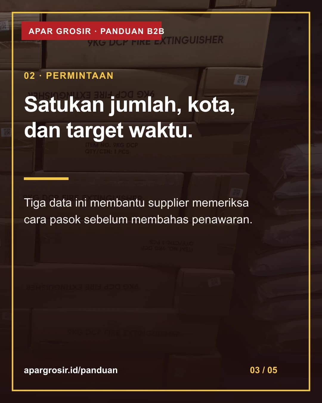Satukan jumlah, kota, dan target waktu. Tiga data ini membantu supplier memeriksa cara pasok sebelum membahas penawaran.