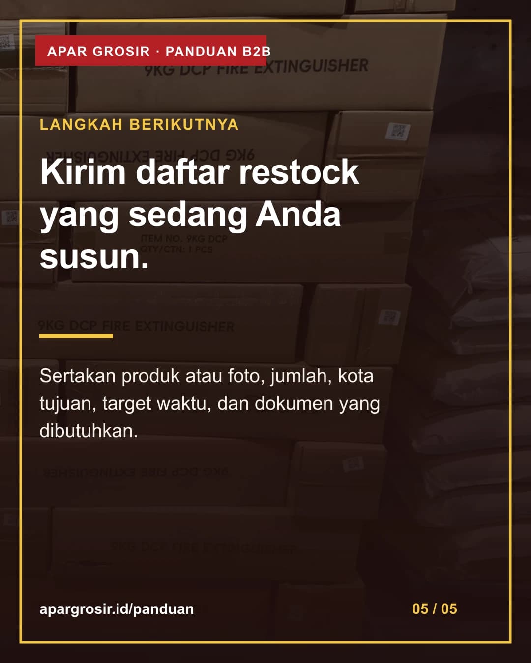 Kirim daftar restock yang sedang Anda susun. Sertakan produk atau foto, jumlah, kota tujuan, target waktu, dan dokumen yang dibutuhkan.