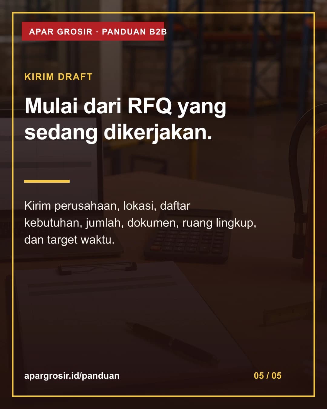 Mulai dari RFQ yang sedang dikerjakan. Kirim perusahaan, lokasi, daftar kebutuhan, jumlah, dokumen, ruang lingkup, dan target waktu.