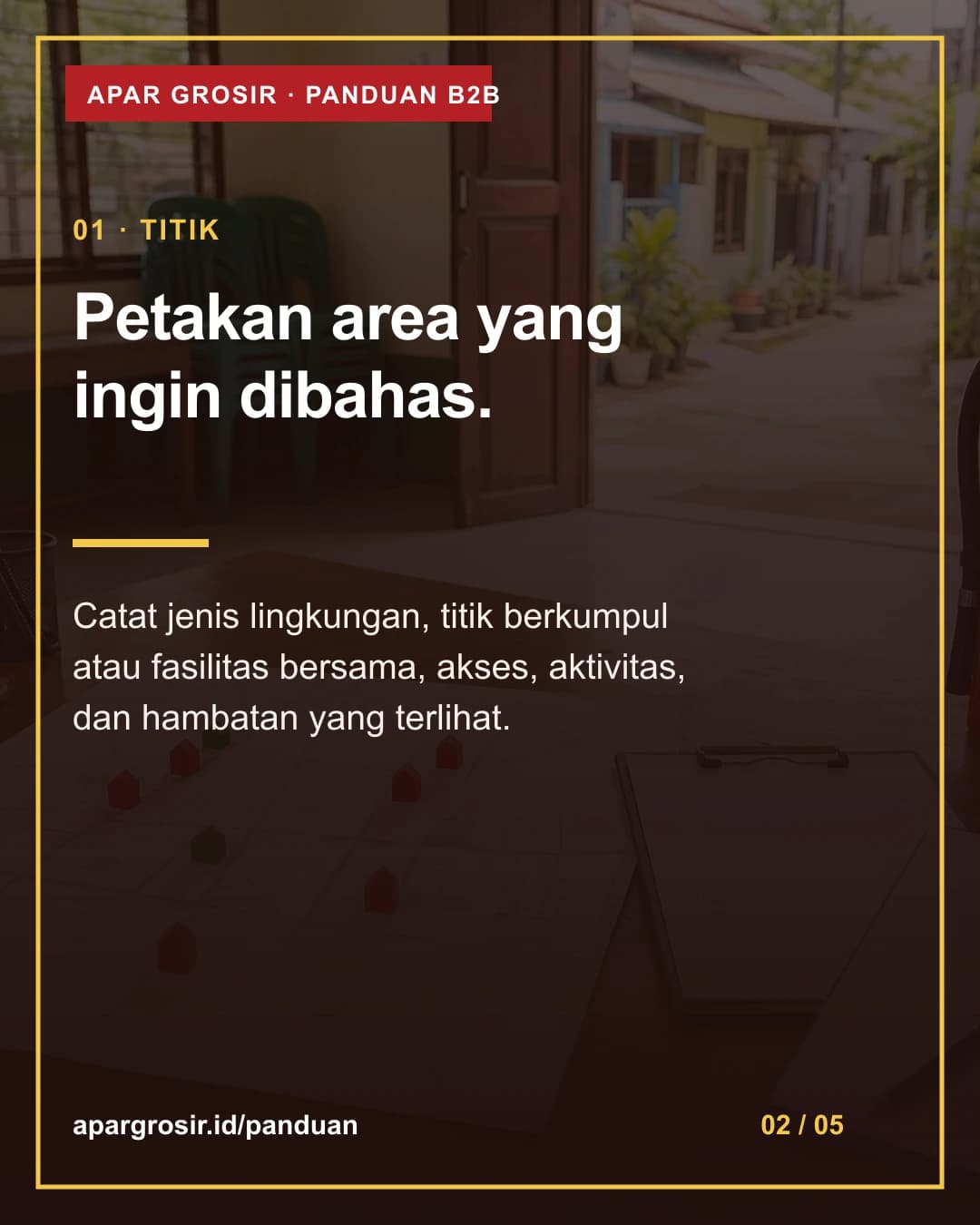 Petakan area yang ingin dibahas. Catat jenis lingkungan, titik berkumpul atau fasilitas bersama, akses, aktivitas, dan hambatan yang terlihat.