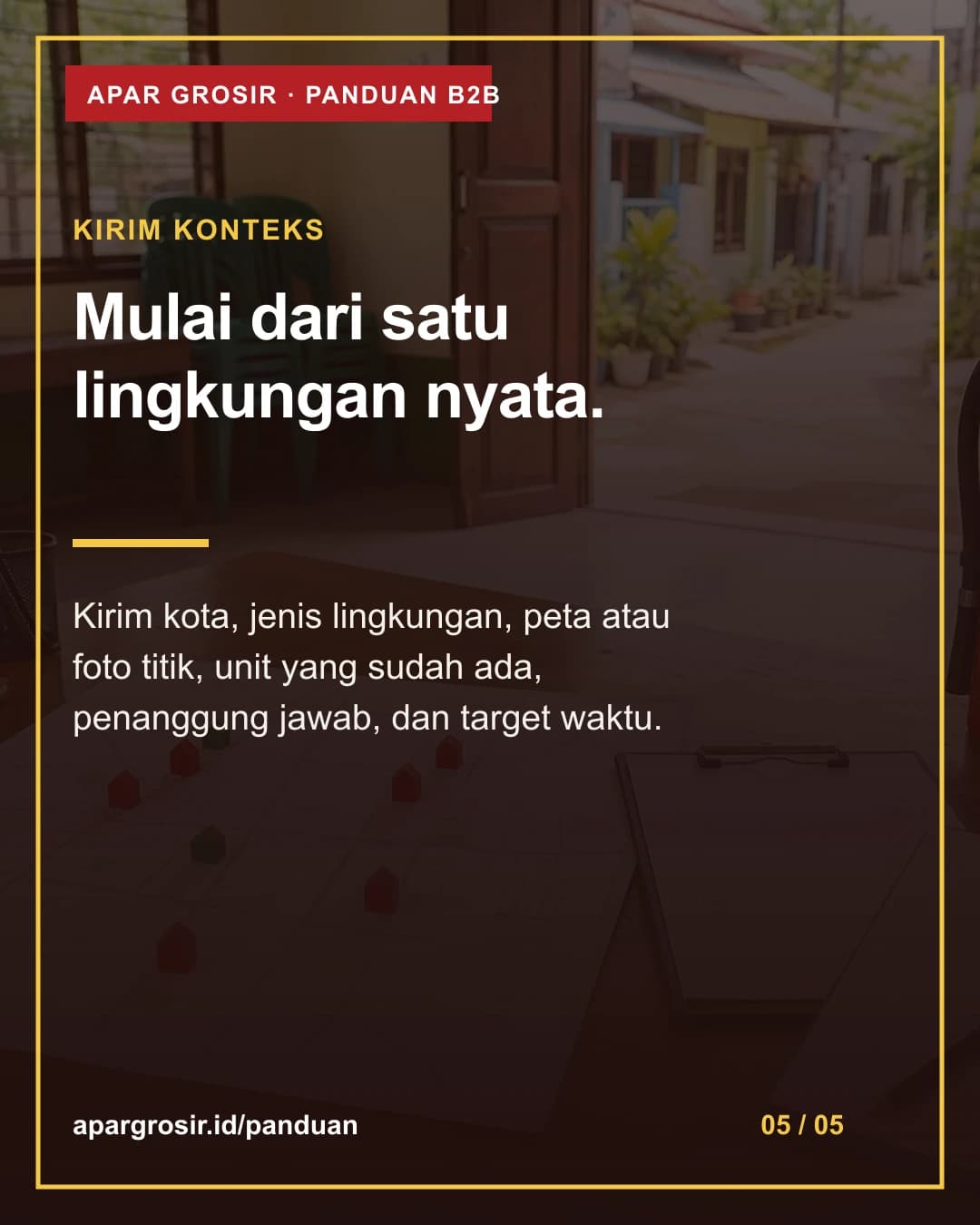 Mulai dari satu lingkungan nyata. Kirim kota, jenis lingkungan, peta atau foto titik, unit yang sudah ada, penanggung jawab, dan target waktu.